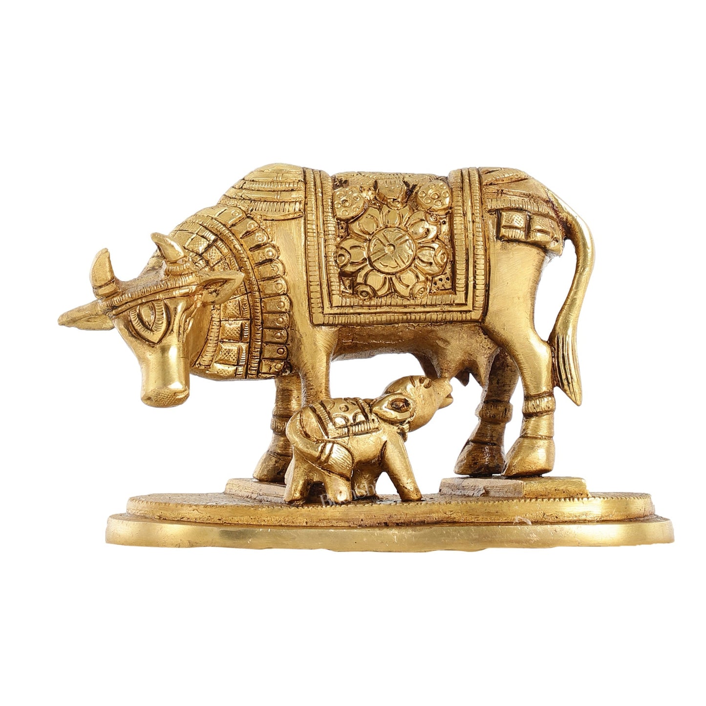 Brass Kamdhenu Cow and Calf Idol - 6 Inch
