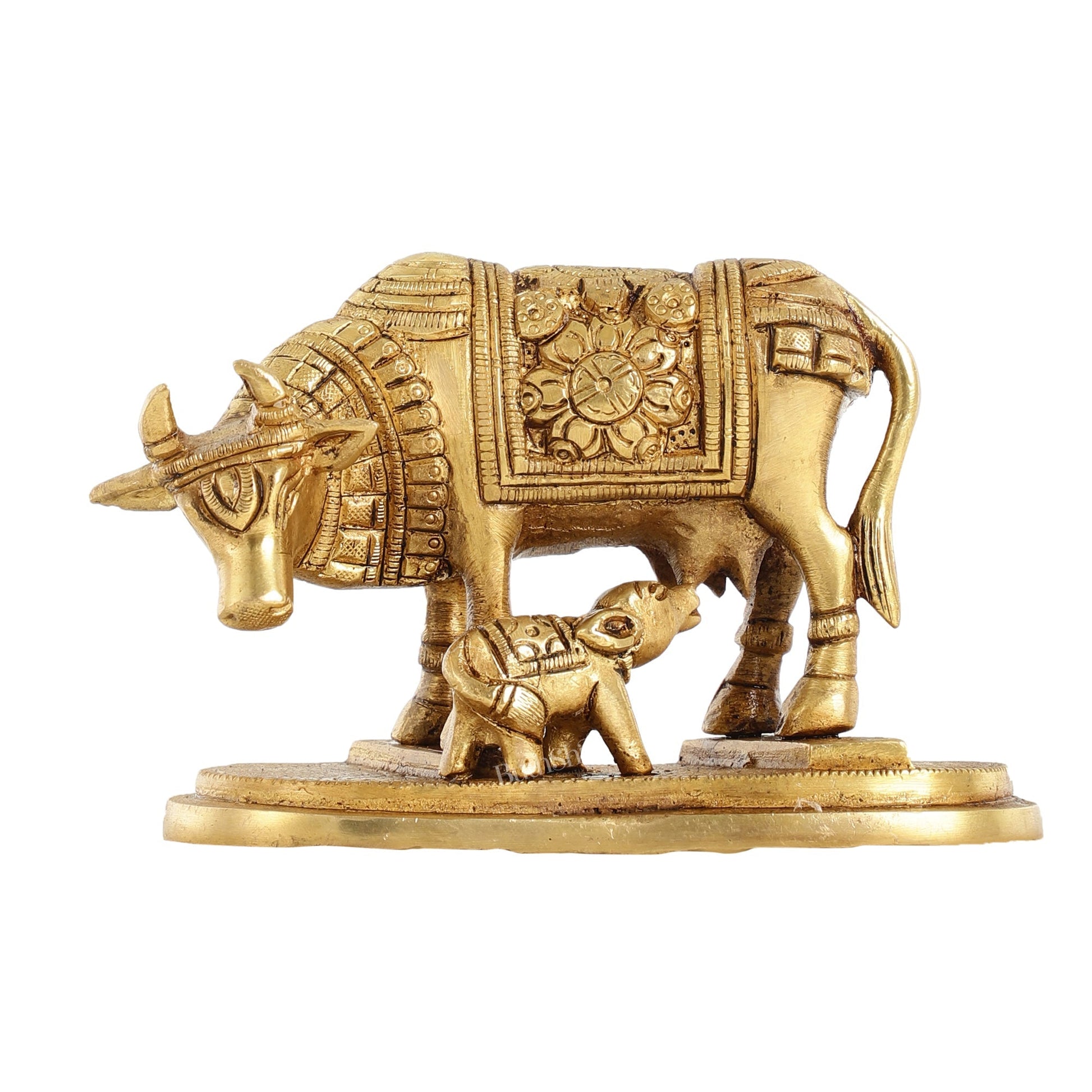 Brass Kamdhenu Cow and Calf Idol - 6 Inch