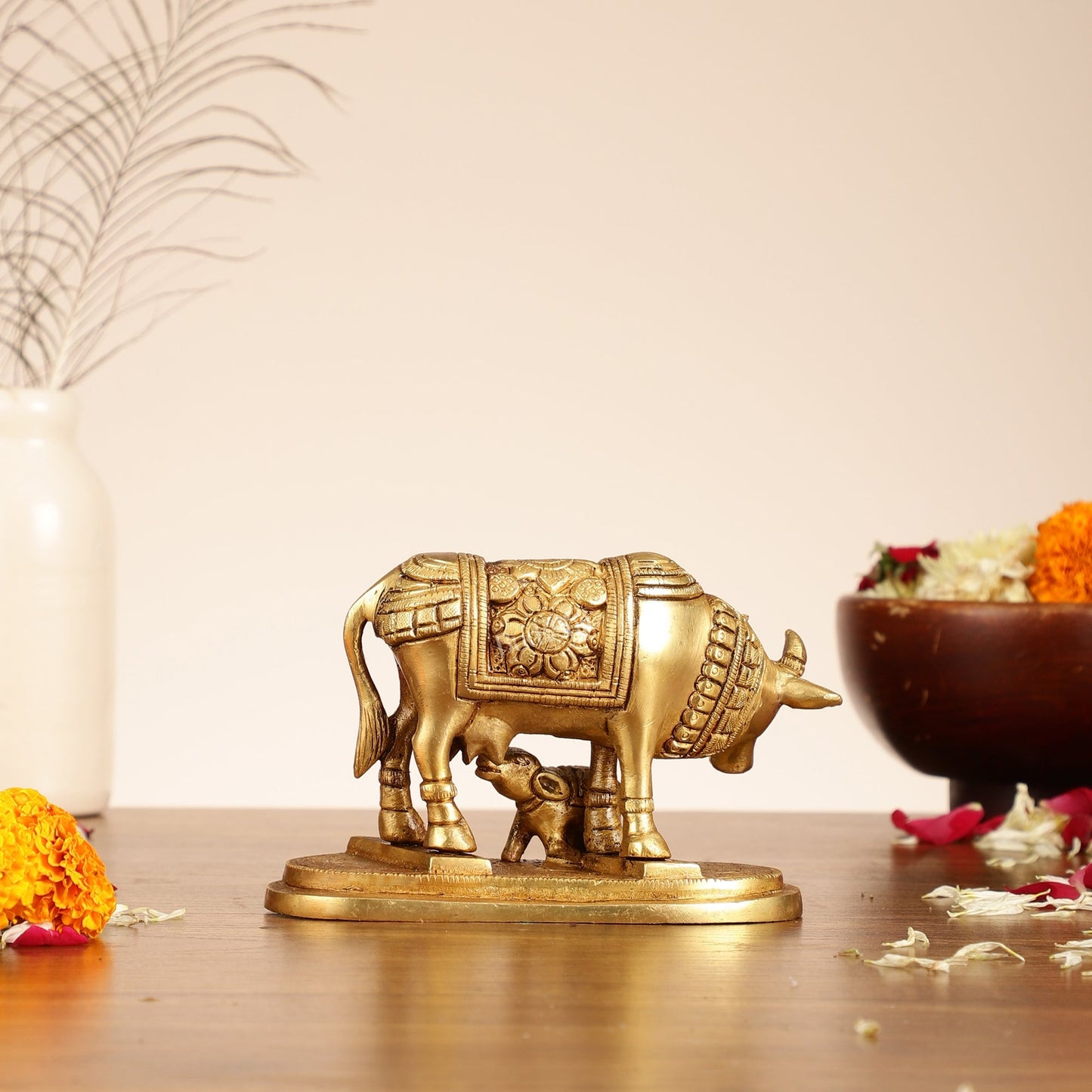 Brass Kamdhenu Cow and Calf Idol - 6 Inch