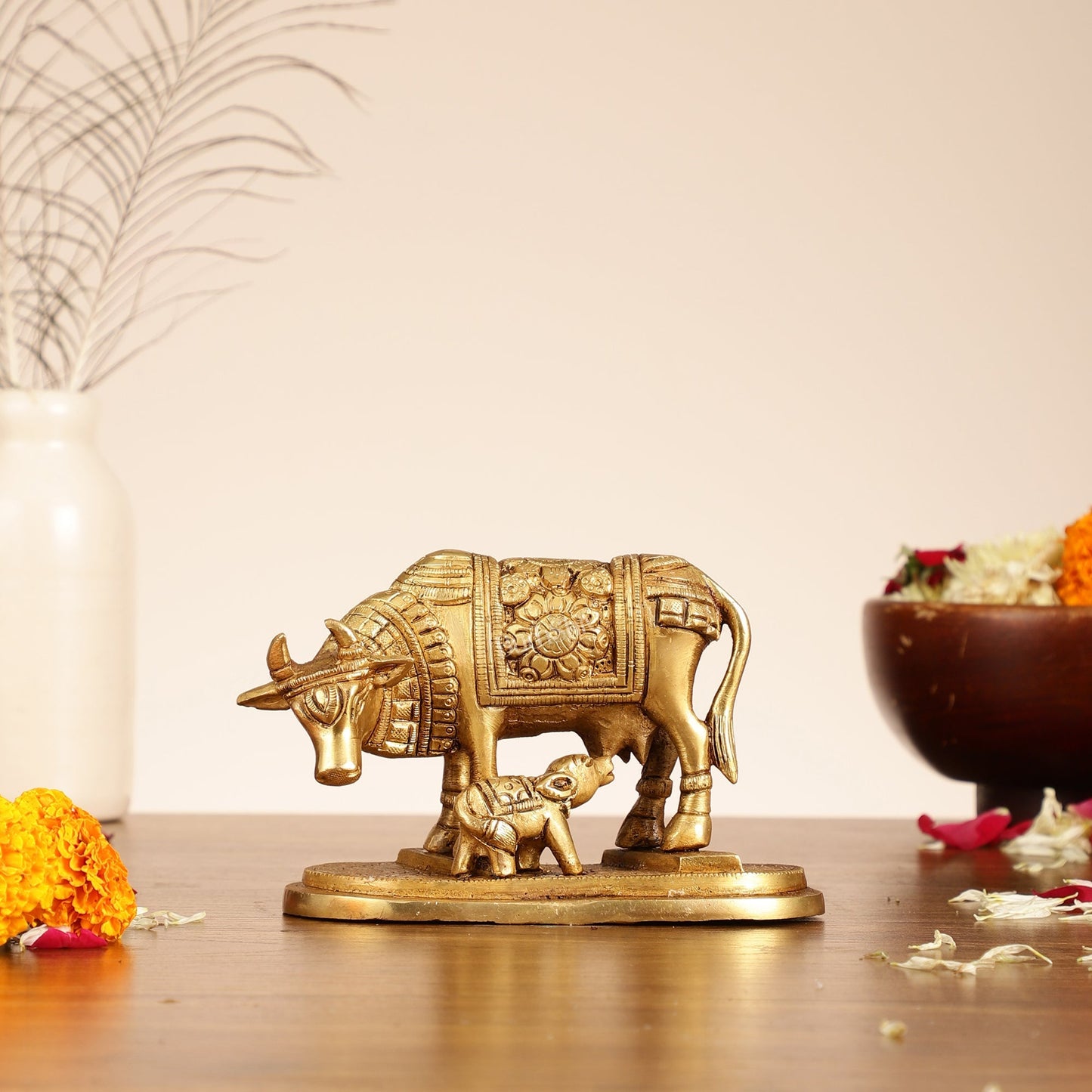 Brass Kamdhenu Cow and Calf Idol - 6 Inch