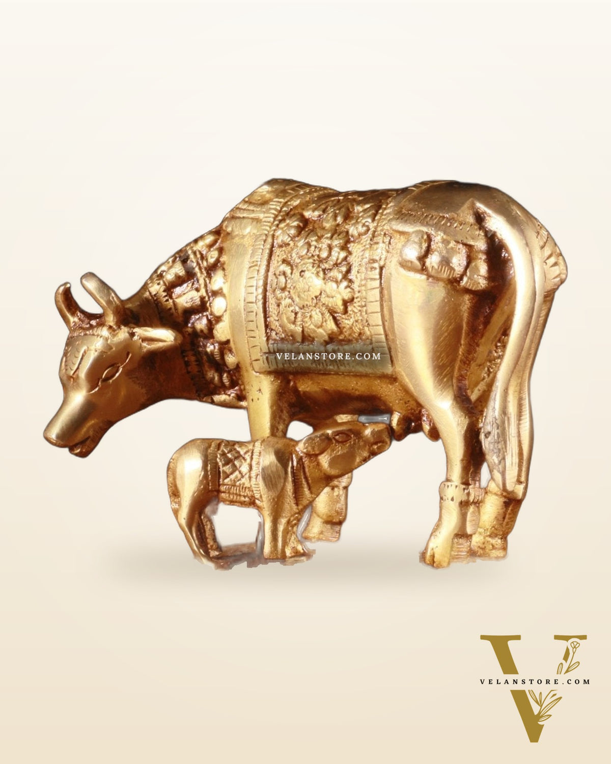 Brass Kamdhenu Cow with Calf Idol – 3.8 Inch