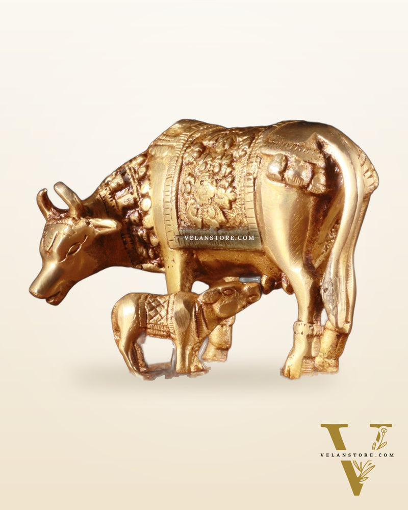Brass Kamdhenu Cow with Calf Idol – 3.8 Inch