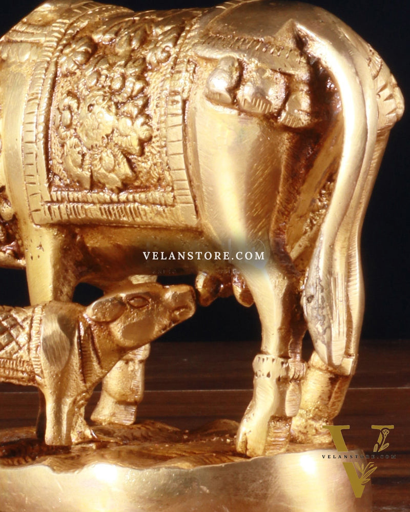 Brass Kamdhenu Cow with Calf Idol – 3.8 Inch