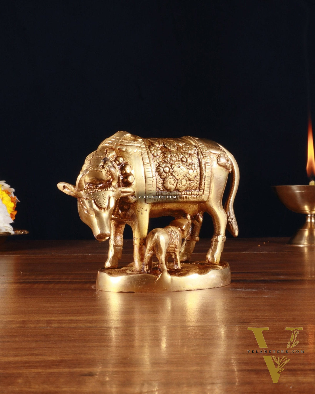 Brass Kamdhenu Cow with Calf Idol – 3.8 Inch