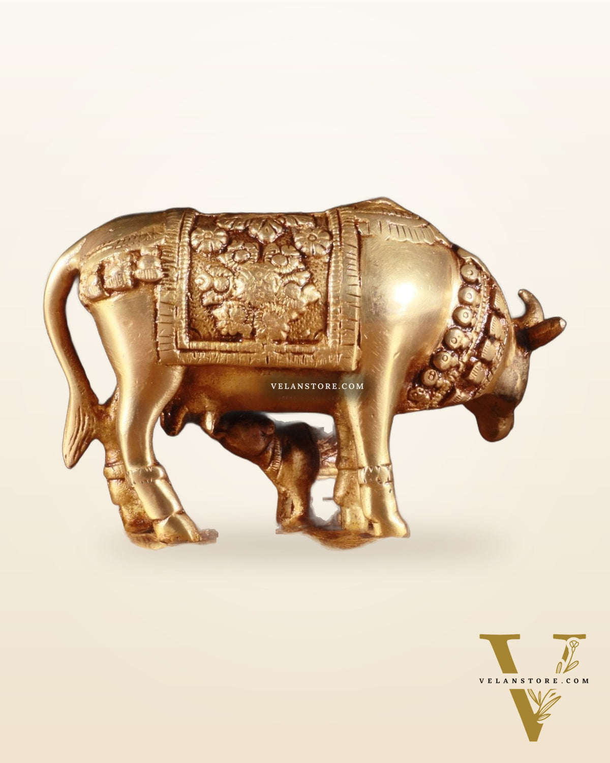 Brass Kamdhenu Cow with Calf Idol – 3.8 Inch