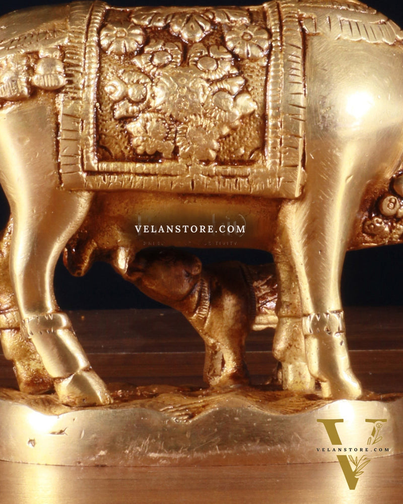 Brass Kamdhenu Cow with Calf Idol – 3.8 Inch
