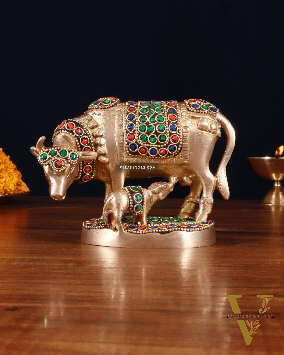 Brass Kamdhenu Cow with Calf Idol – 3.8 Inch with stonework