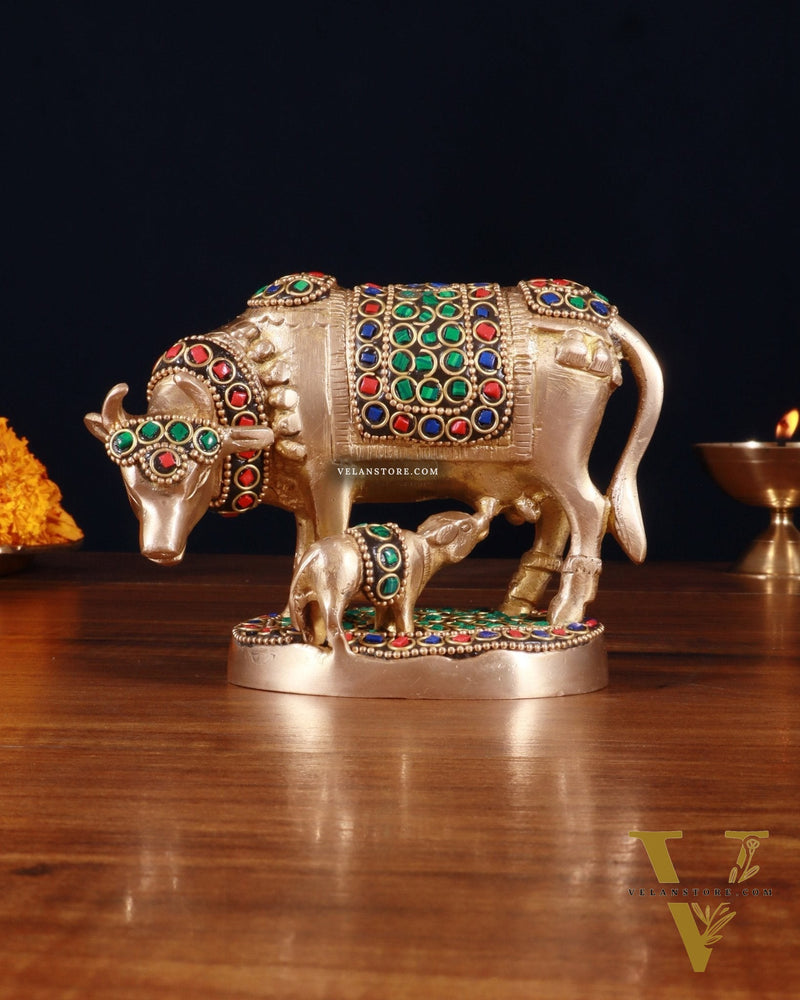 Brass Kamdhenu Cow with Calf Idol – 3.8 Inch with stonework