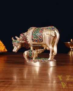 Brass Kamdhenu Cow with Calf Idol – 3.8 Inch with stonework