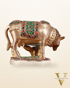 Brass Kamdhenu Cow with Calf Idol – 3.8 Inch with stonework