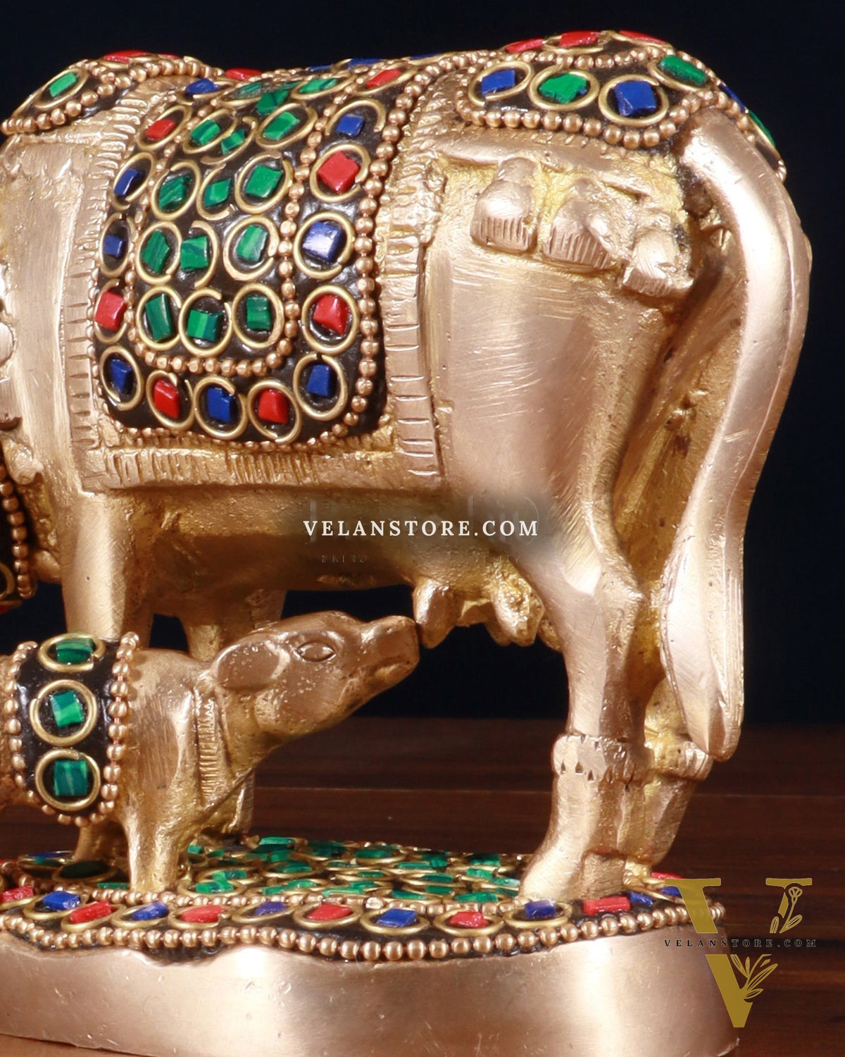 Brass Kamdhenu Cow with Calf Idol – 3.8 Inch with stonework