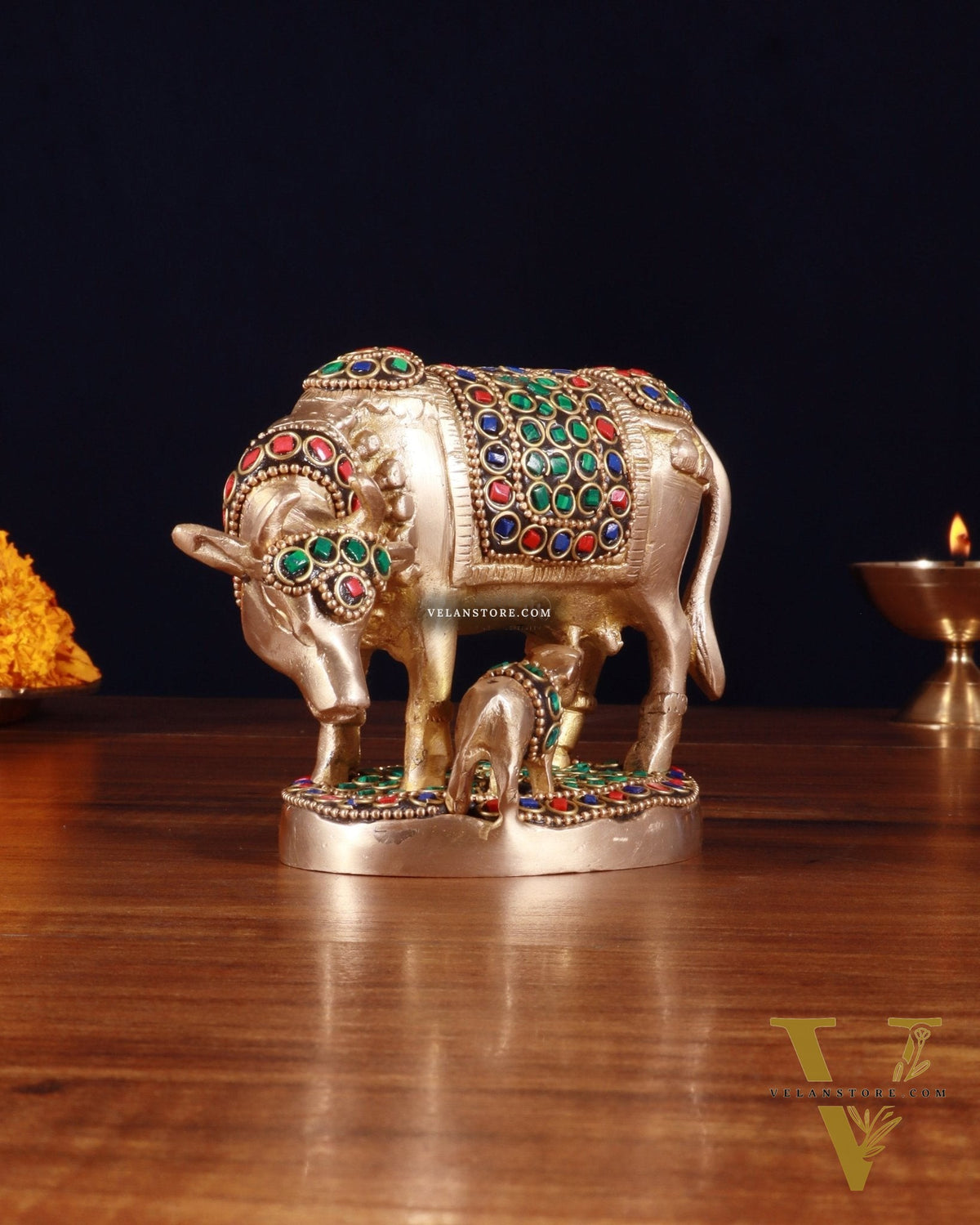 Brass Kamdhenu Cow with Calf Idol – 3.8 Inch with stonework