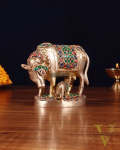 Brass Kamdhenu Cow with Calf Idol – 3.8 Inch with stonework