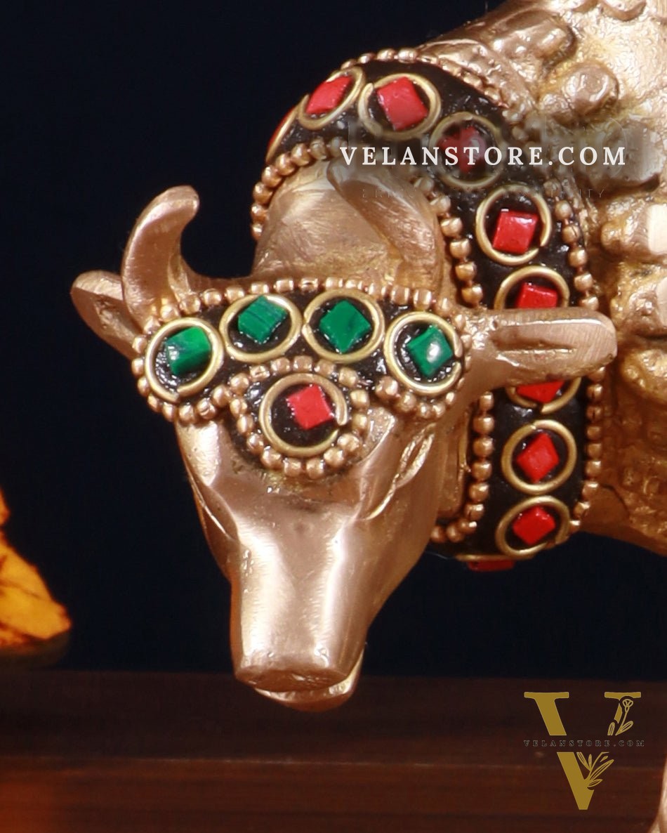 Brass Kamdhenu Cow with Calf Idol – 3.8 Inch with stonework