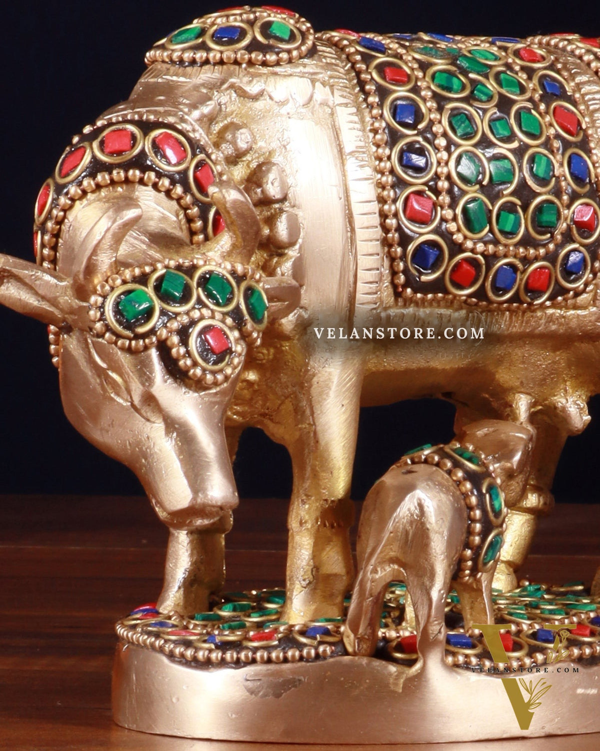 Brass Kamdhenu Cow with Calf Idol – 3.8 Inch with stonework