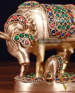 Brass Kamdhenu Cow with Calf Idol – 3.8 Inch with stonework