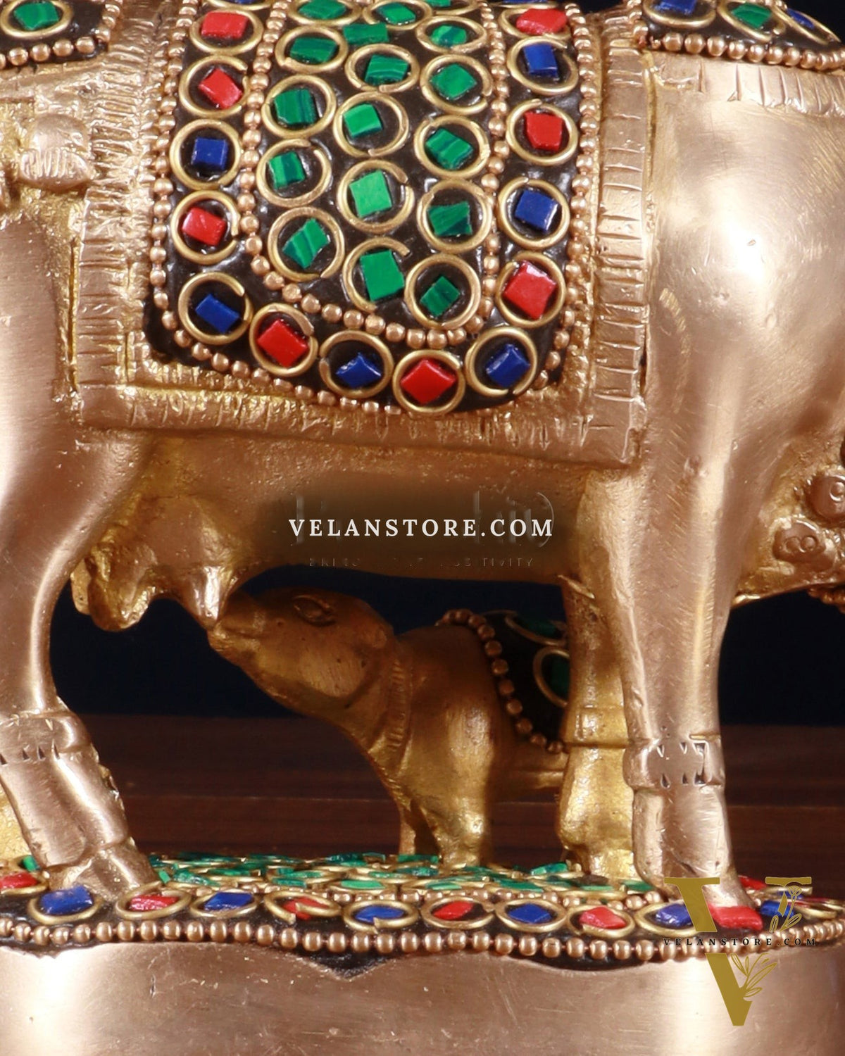 Brass Kamdhenu Cow with Calf Idol – 3.8 Inch with stonework