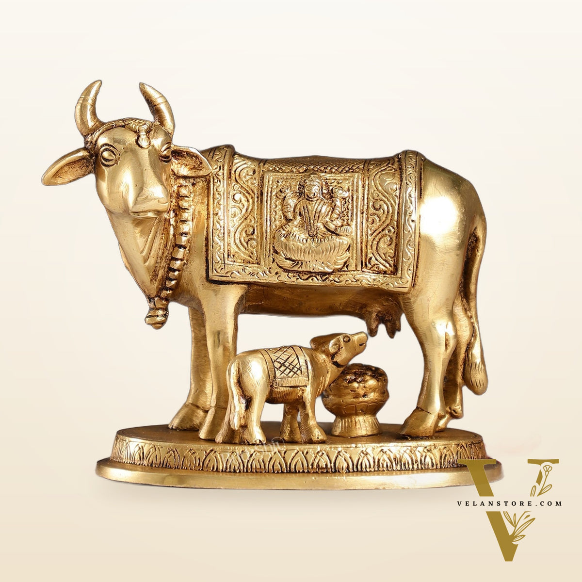 Brass Kamdhenu Cow with Calf Idol - 5 inch