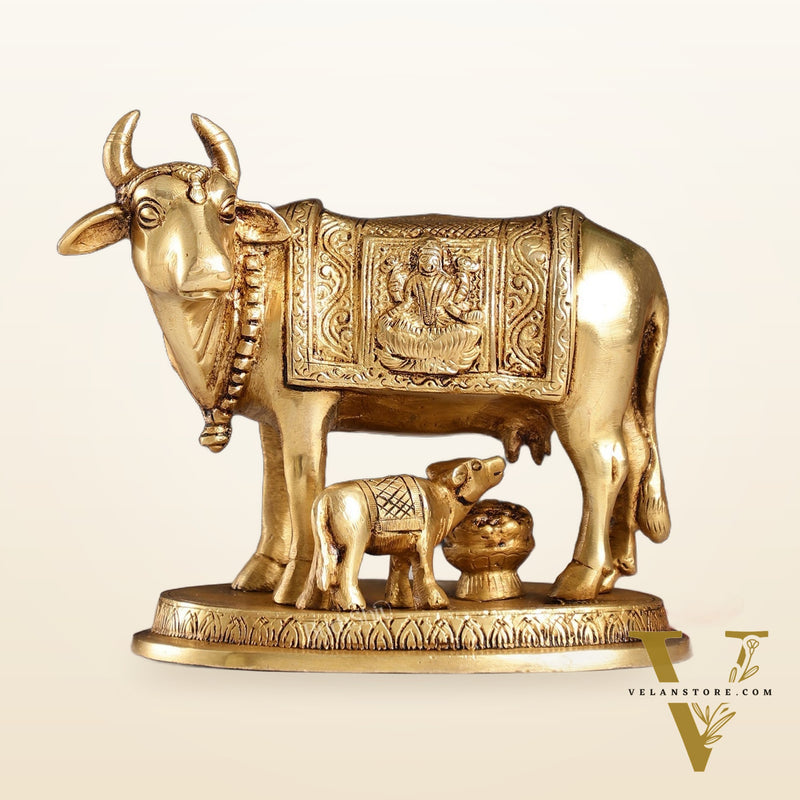 Brass Kamdhenu Cow with Calf Idol - 5 inch