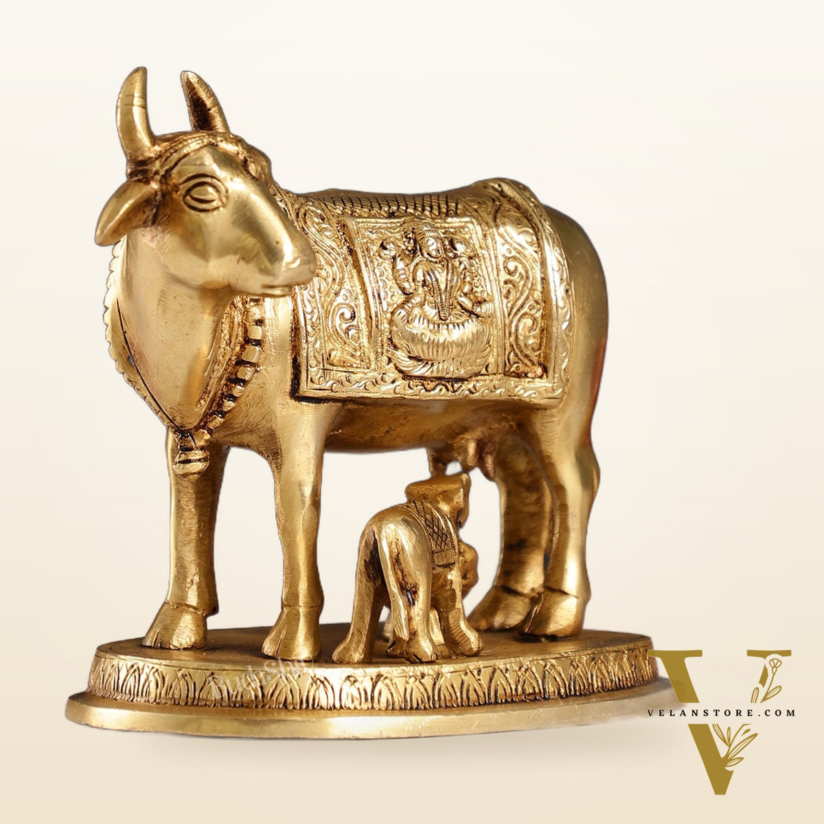 Brass Kamdhenu Cow with Calf Idol - 5 inch