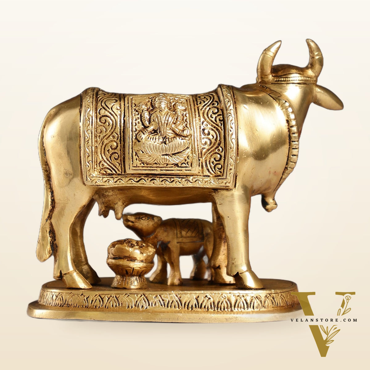 Brass Kamdhenu Cow with Calf Idol - 5 inch
