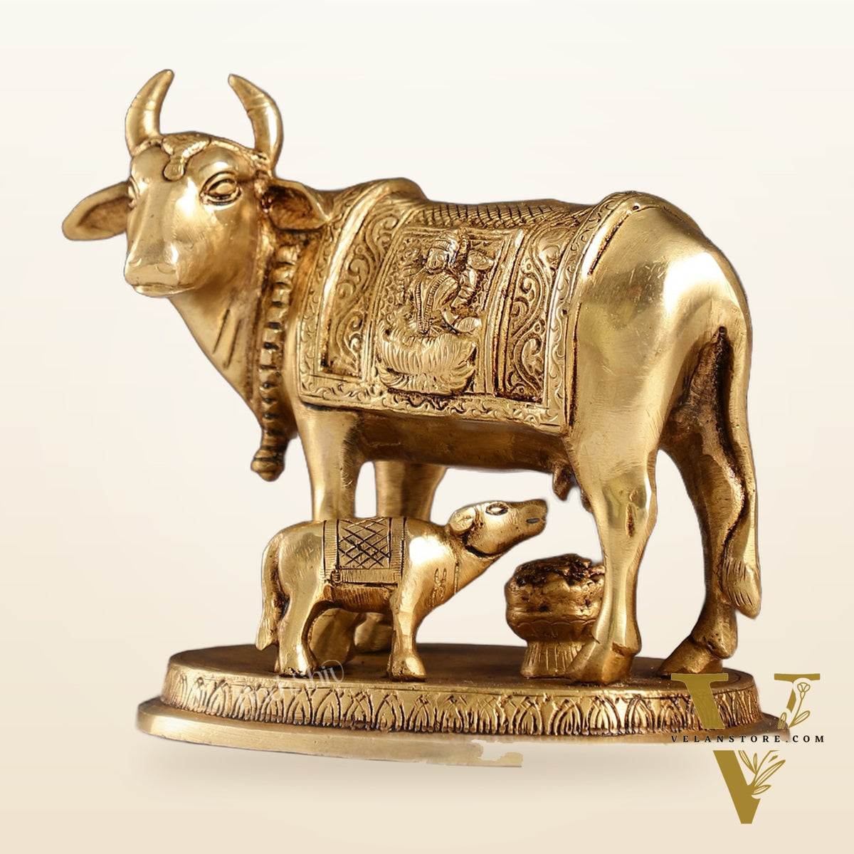 Brass Kamdhenu Cow with Calf Idol - 5 inch
