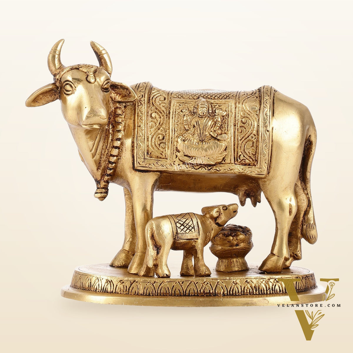 Brass Kamdhenu Cow with Calf Idol - 5 inch