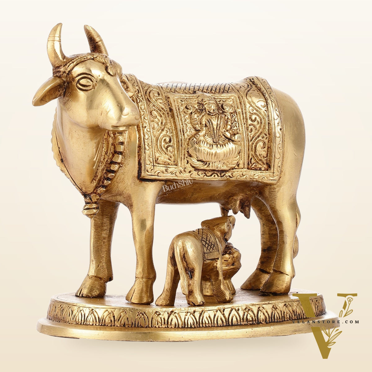 Brass Kamdhenu Cow with Calf Idol - 5 inch