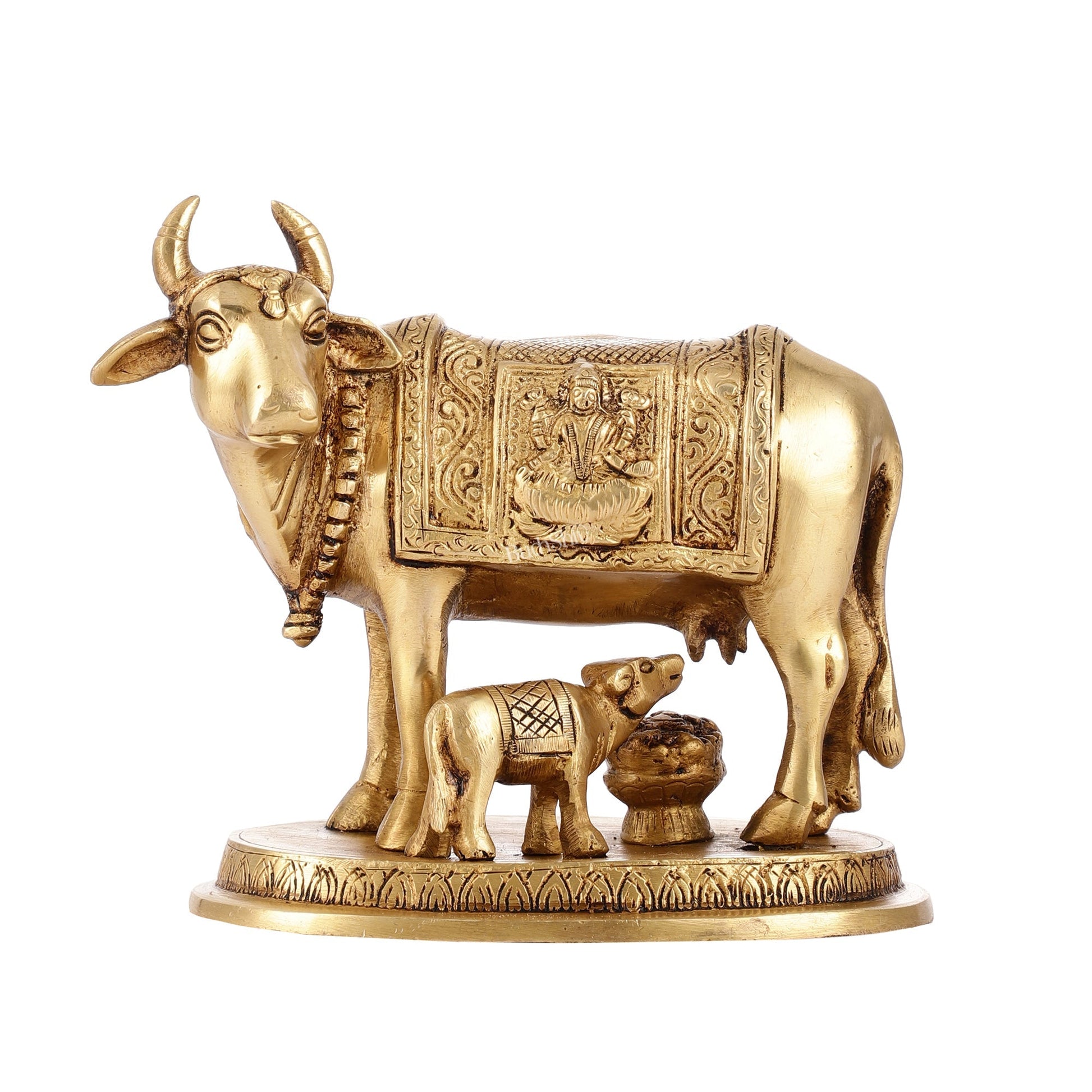 Brass Kamdhenu Cow with Calf Idol - 5 inch