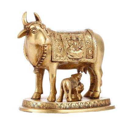 Brass Kamdhenu Cow with Calf Idol - 5 inch