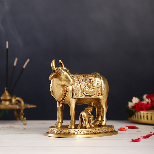 Brass Kamdhenu Cow with Calf Idol - 5 inch
