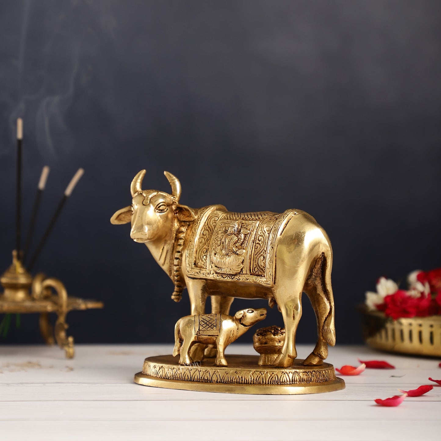 Brass Kamdhenu Cow with Calf Idol - 5 inch