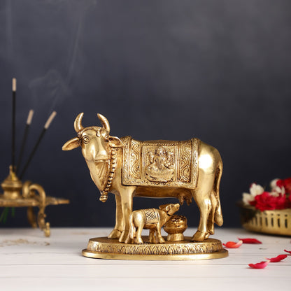 Brass Kamdhenu Cow with Calf Idol - 5 inch