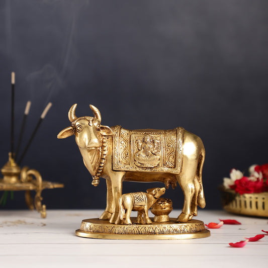 Brass Kamdhenu Cow with Calf Idol - 5 inch