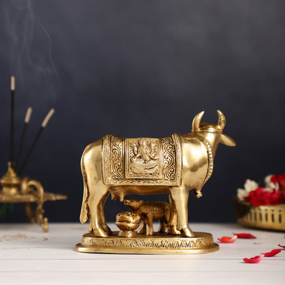Brass Kamdhenu Cow with Calf Idol - 5 inch