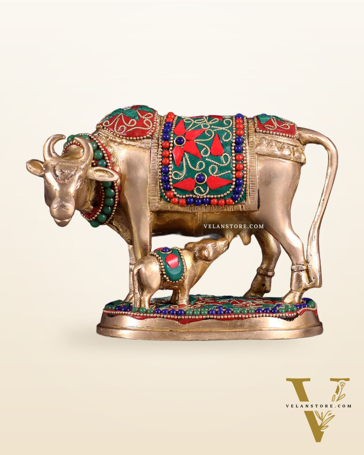 Brass Kamdhenu Cow with Calf Idol – 5" with floral stonework
