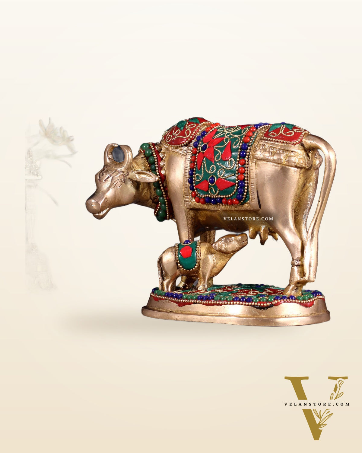 Brass Kamdhenu Cow with Calf Idol – 5" with floral stonework