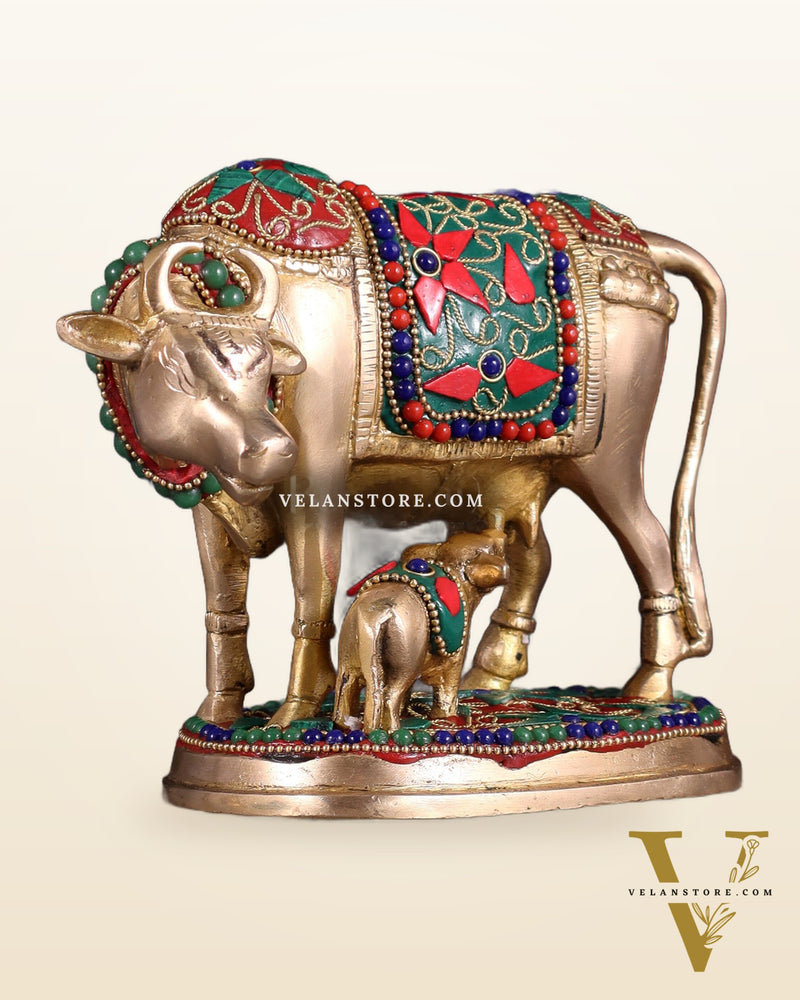 Brass Kamdhenu Cow with Calf Idol – 5" with floral stonework