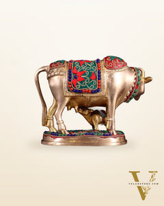 Brass Kamdhenu Cow with Calf Idol – 5" with floral stonework