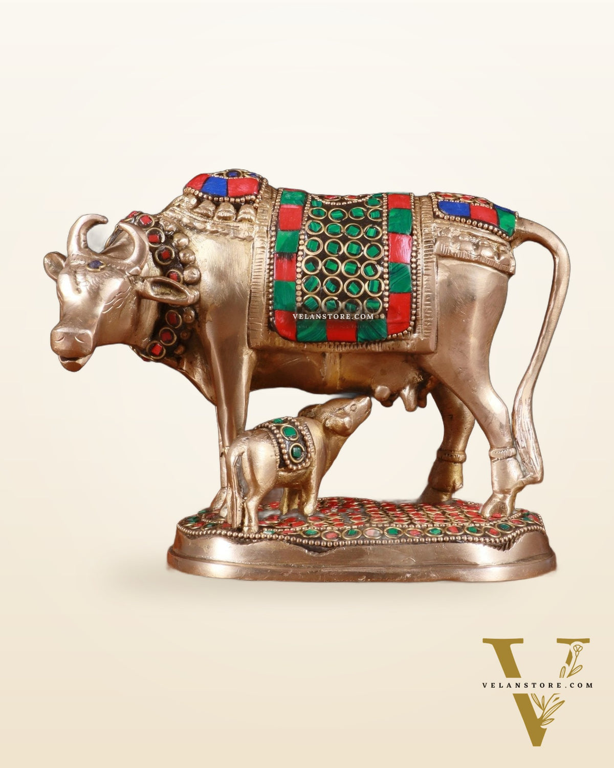 Brass Kamdhenu Cow with Calf Idol – 5" with stonework