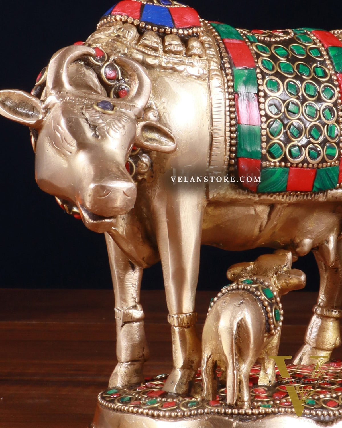 Brass Kamdhenu Cow with Calf Idol – 5" with stonework