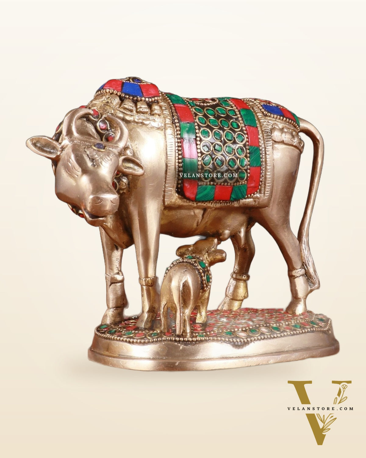 Brass Kamdhenu Cow with Calf Idol – 5" with stonework