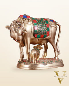 Brass Kamdhenu Cow with Calf Idol – 5" with stonework