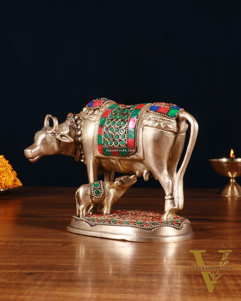 Brass Kamdhenu Cow with Calf Idol – 5" with stonework