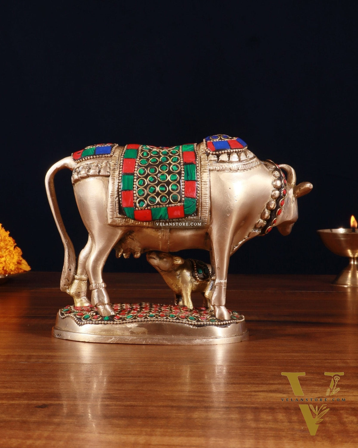 Brass Kamdhenu Cow with Calf Idol – 5" with stonework