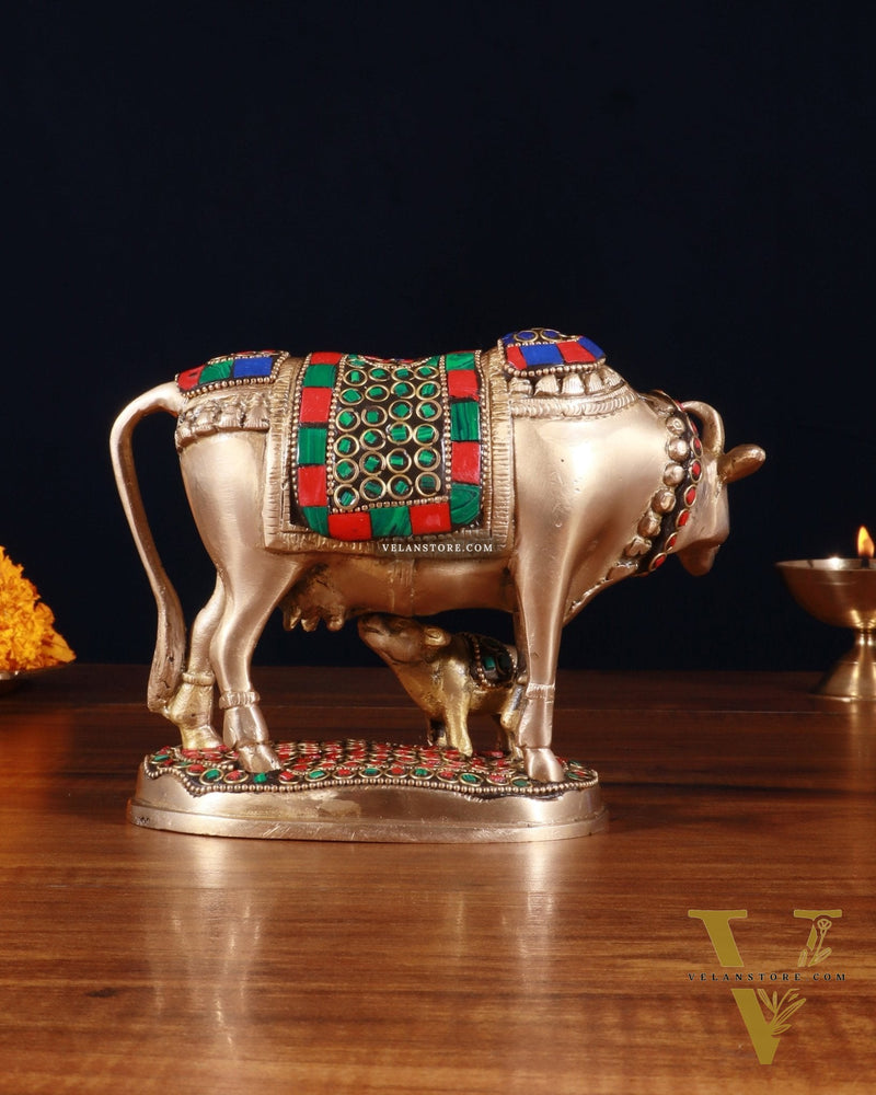 Brass Kamdhenu Cow with Calf Idol – 5" with stonework
