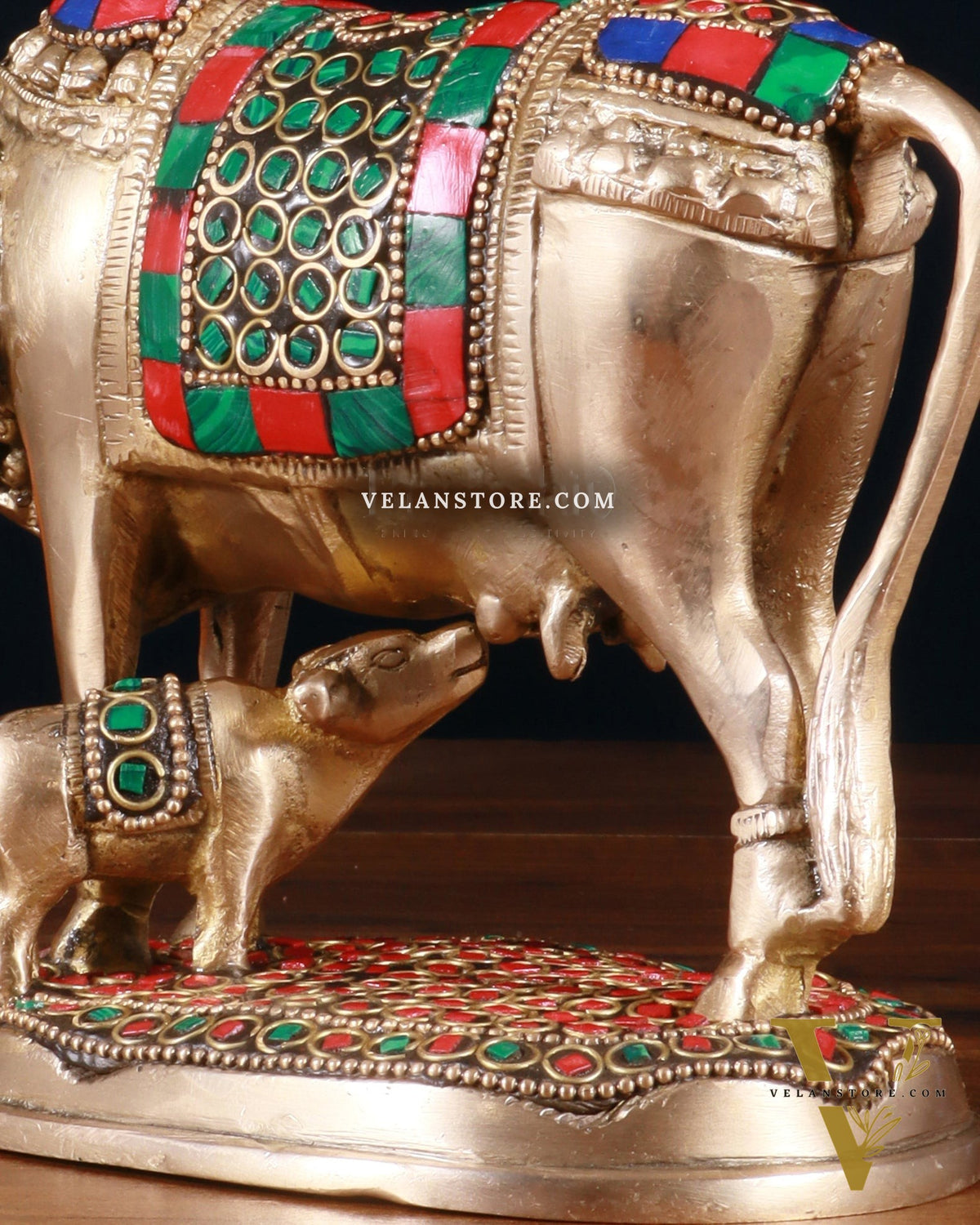 Brass Kamdhenu Cow with Calf Idol – 5" with stonework