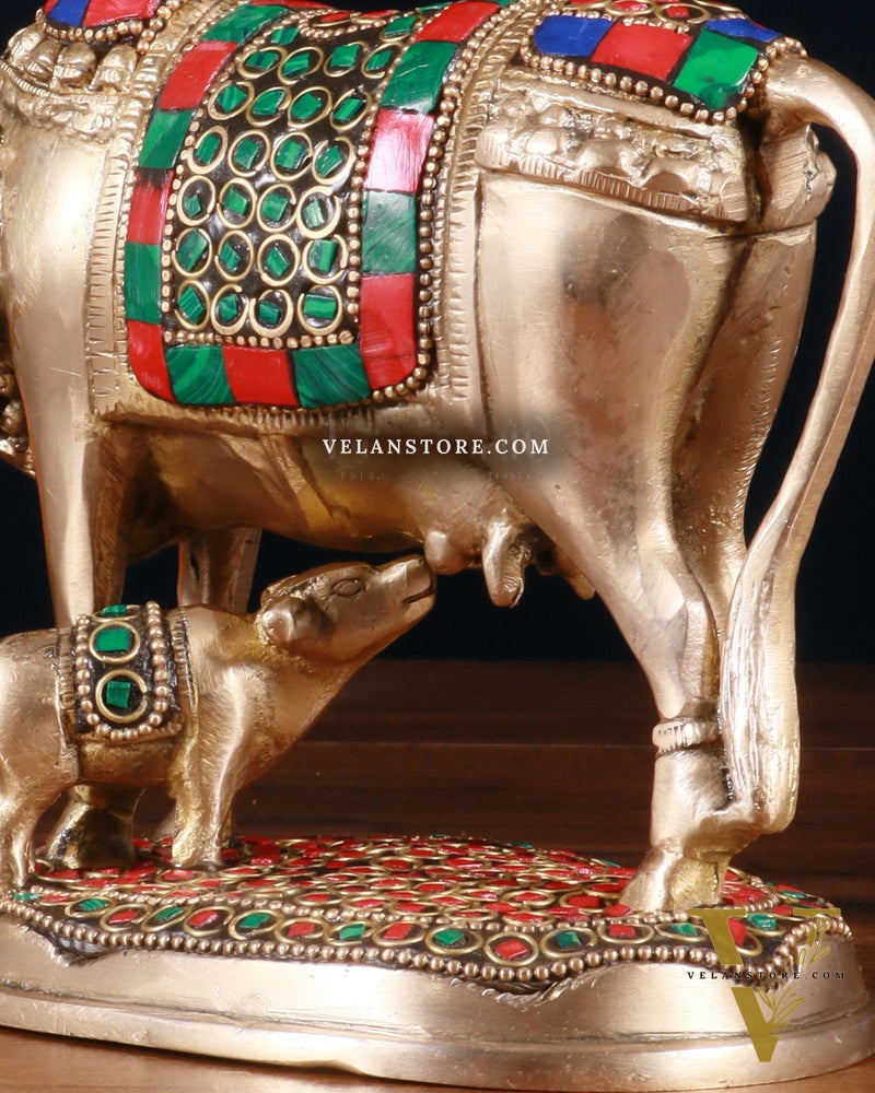 Brass Kamdhenu Cow with Calf Idol – 5" with stonework