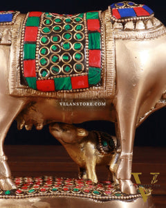 Brass Kamdhenu Cow with Calf Idol – 5" with stonework