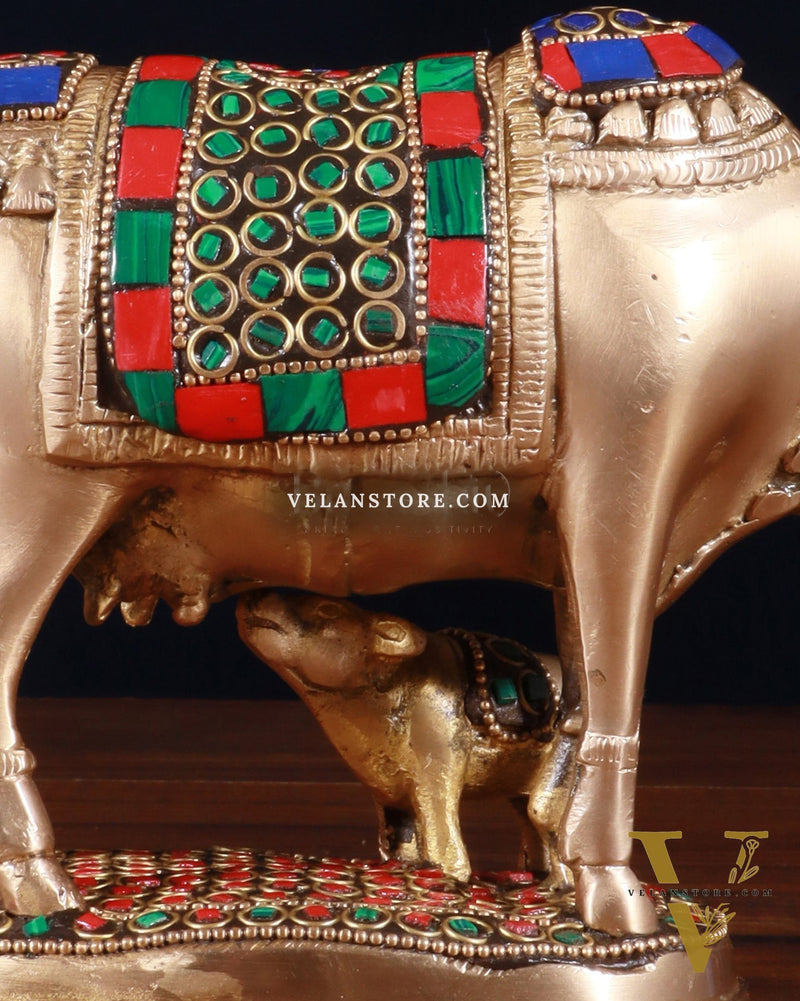 Brass Kamdhenu Cow with Calf Idol – 5" with stonework